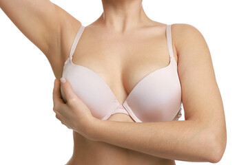 Woman wearing beautiful bra on white background, closeup