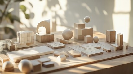 Minimalist Wooden Geometric Shapes Abstract Art Design Modern Light Beige Blocks Cubes Spheres Background Studio Shot Natural Light Calm Peaceful     