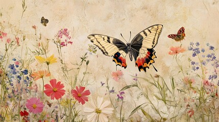 A wildflower patch with a butterfly resting on a delicate petal