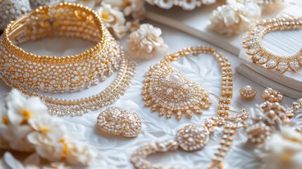 Elegant Gold Jewelry Display with Floral Accents and Sparkling Gems