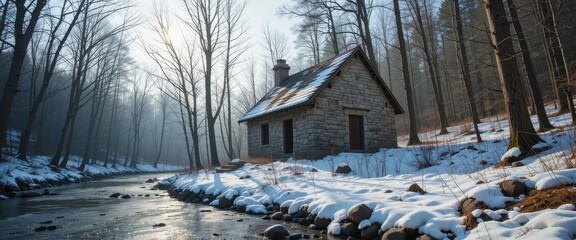 Stone Cottage Winter Scene Snowy Riverbank Cabin in Wooded Landscape