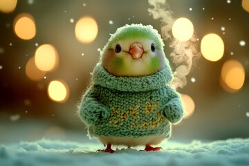 Obraz premium Problem of endangered animals. Social ad - animal care. Sad cute baby animal budgie in winter warm clothes, icy air from nose and mouth in icy wind. Social eco awareness. Social eco campaigns.