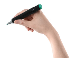 Woman with double sided marker on white background, closeup