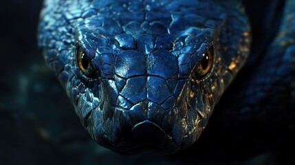Naklejka premium Dark blue snake head close-up, wildlife photography, nature background