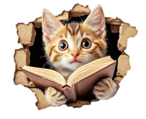 Adorable Kitten with Book Emerging from Brick Wall, Whimsical and Cute Cat Art for Home Decor and Children's Rooms