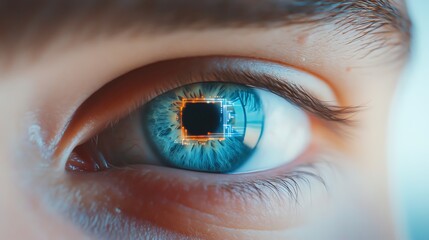 Fototapeta premium A futuristic close-up of a human eye with digital circuitry, vibrant blue and orange hues, symbolizing vision, tech, and humanity’s evolution