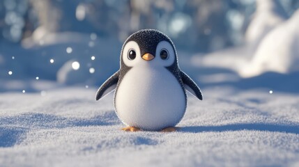 Cute penguin chick snowy winter scene, postcard