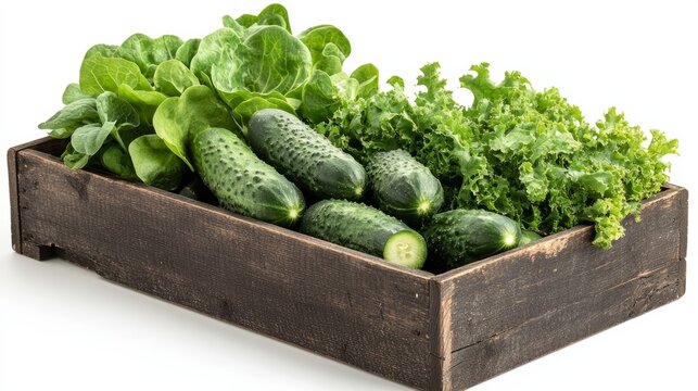 A small wooden box packed with green cucumbers and leafy greens, isolated against a white background