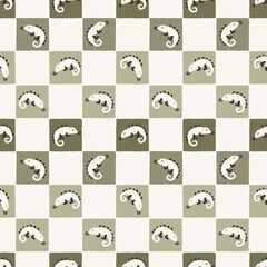 Obraz premium Seamless Pattern Checkered Vintage Green Chameleon. Gingham Retro Chameleon Illustration. Rustic Patchwork Hand drawn Chameleon Pet Background.