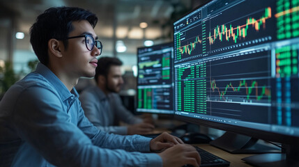 Fototapeta premium Young Man Sitting By The Desk Looking On The Screen With Financial Charts