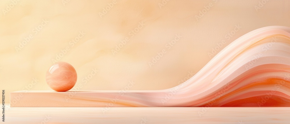 Poster rolling sphere on curved wave sculpture minimalist setting 3d art soft palette artistic viewpoint