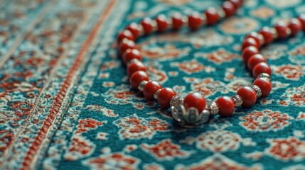 Elegant Red Beaded Necklace on Intricate Patterned Textile Background