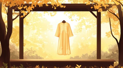 Elegant Traditional Garment Displayed in Autumn Forest Setting