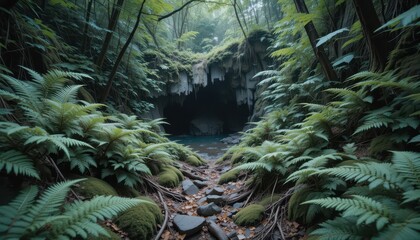 Mysterious Cave Entrance in Lush Rainforest with Ferns and Mossy Rocks A tranquil scene of nature