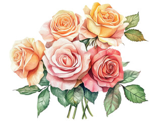 Naklejka premium Elegant Bouquet of Soft-colored Roses with Lush Green Leaves on a Transparent Background for Floral Designs