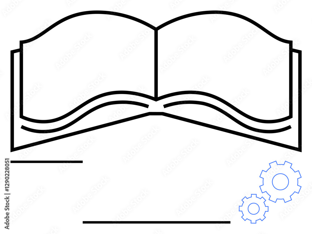 Poster open book outline with overlay of two gears in the corner, combining education with technology. idea