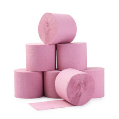 Stack of pink toilet paper rolls isolated on white