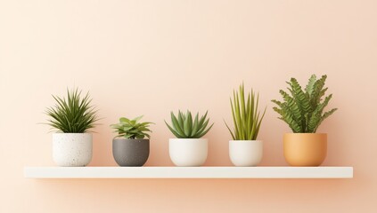 Obraz premium Potted plants on white shelf, soft peach wall