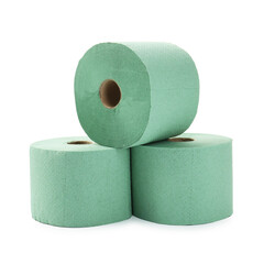 Stack of green toilet paper rolls isolated on white