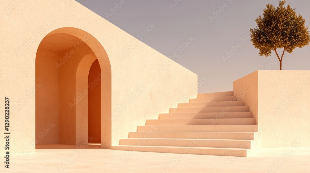 Poster contemplative architectural structure with stairs and tree minimalist design outdoor environment aes