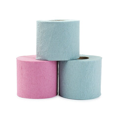 Stack of colorful toilet paper rolls isolated on white