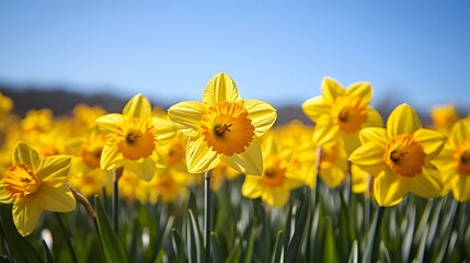 Obraz premium A field of golden daffodils swaying gently in the breeze with a clear sky above