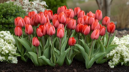 A cluster of red tulips with green stems in a fresh spring garden