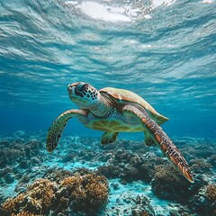 Obraz premium Sea turtle swims coral reef ocean