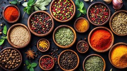 Colorful spices and herbs in bowls, overhead shot, dark background, food photography
