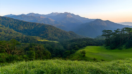 Obraz premium Panoramic View of Lush Green Mountains at Sunrise