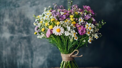Fototapeta premium A bouquet of assorted wildflowers tied with a rustic twine ribbon