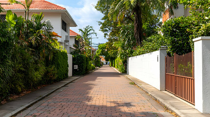 Sunlit Brick Street in a Tropical Neighborhood