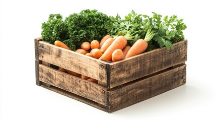 A small wooden crate filled with mixed baby carrots and fresh parsley, cleanly isolated on white 