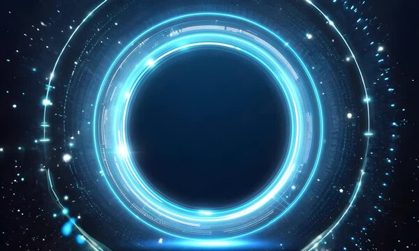 Futuristic glowing blue circular portal with digital light effects. Sci-fi technology animation.