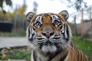 Fototapeta premium Close-up of a Sumatran tiger's face, showing its striking features. Perfect for wildlife, conservation, or animal portrait projects.