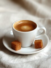 Espresso, sugar cubes, cafe, linen table