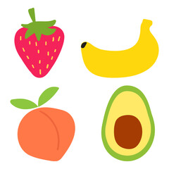Strawberry, banana, peach, avocado. Set of colorful fruits. Isolated icons. Hand drawn illustrations on white background.