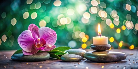 Tranquil Spa Stones with Orchid and Candle Flat Lay for Relaxation and Wellness â€“ Bokeh Effect
