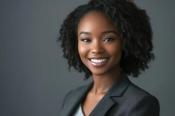 smiling african american woman in a sharp blazer stands against a soft gray backdrop, warm light glows, confidence and poise in a modern portrait.