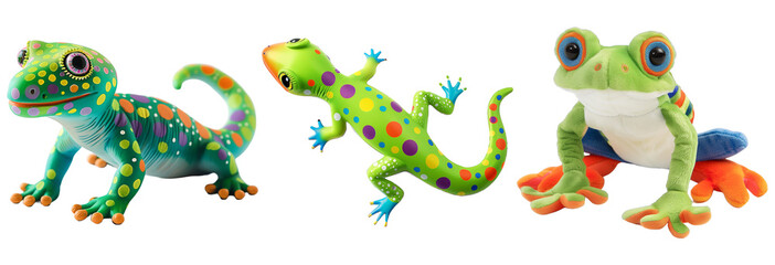Obraz premium Collection of Colorful Plush Reptiles and Amphibians with Transparent Background