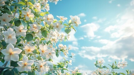 Beautiful white flowers blooming against a bright blue sky with fluffy white clouds.  Perfect for spring and summer themes.