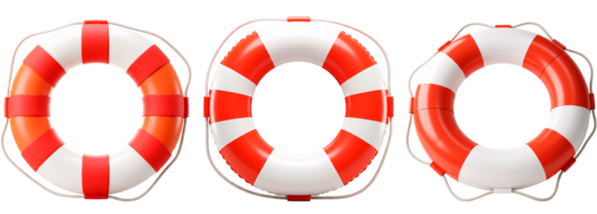 Inflatable life preserver with red and white stripes, marine life saver, water rescue safety equipment, isolated on a transparent background