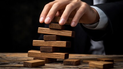 Businessman building wooden tower, strategy, office, dark background, planning