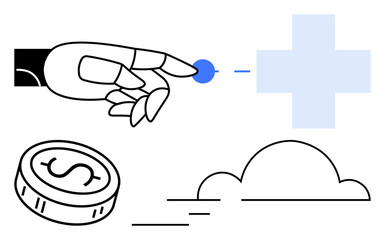 Robotic hand touching a blue medical cross, a coin with a dollar sign, and a cloud. Ideal for technology, healthcare, finance, innovation, automation future concepts digital transformation. Line