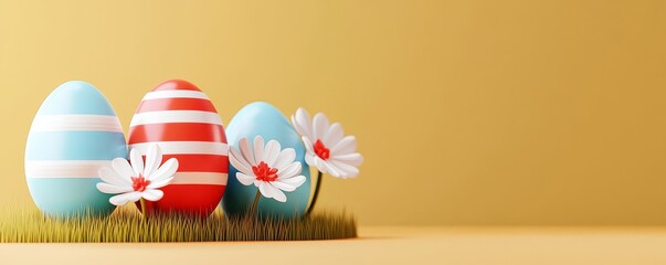 Obraz premium Colorful Easter eggs resting on grassy decor with daisies, set against a warm, golden background, capturing a festive spring atmosphere.