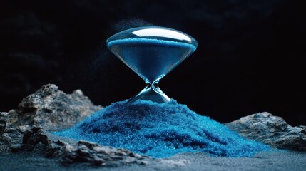 Blue hourglass on sand, dark background; time concept