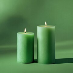 Two green candles burning on a green backdrop