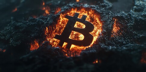 Bitcoin symbol burning in volcanic rock. Crypto finance concept
