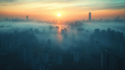 Fototapeta premium City skyline covered in thick industrial smog, reducing visibility and sunlight penetration
