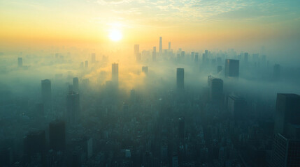 City skyline covered in thick industrial smog, reducing visibility and sunlight penetration